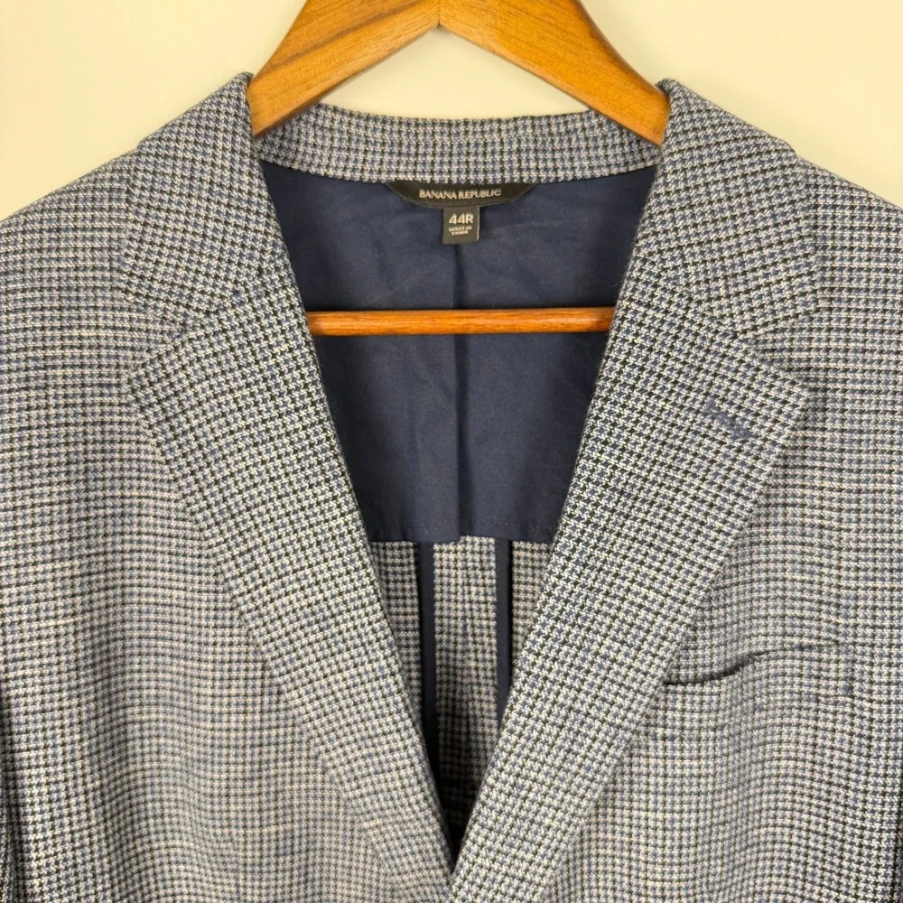 Banana Republic Blazer Mens 44R Blue Houndstooth Linen Blend Sport Coat Tailored